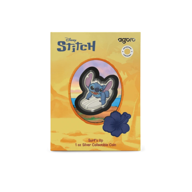 Niue: Silbermünze Stitch Surf's Up 2025 Polierte Platte koloriert 1 Unze Sammlermünzen