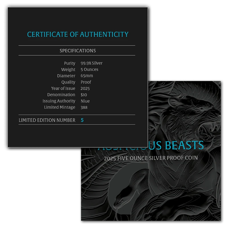 Niue: silver coin Auspicious Beasts 2025 Proof colored 5 oz Collectible coins