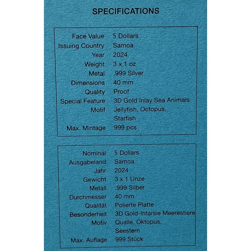 Samoa: Silbermünzen Goldene Meerestiere 2024 Polierte Platte vergoldeter Satz 3 Unzen Sammlermünzen