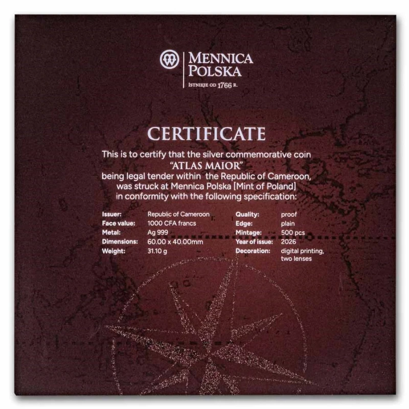 Kamerun Silbermünze Atlas Maior 2026 polierte Platte 1 oz Sammlermünzen